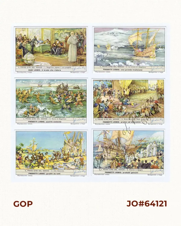 Il Primo Giro del Mondo  [The First Around the World]  1) Magellano espone il suo progetto.  [Magellan Reveals his Project]  2) Lo stretto di Magellano.  [The Strait of Magellan]  3) Morte di Magellano.  [Death of Magellan]  4) Ricevimento dal Rajah di Borneo.  [Reception by the Rajah of Borneo]  5) Alle Molucche.  [To the Moluccas]  6) Ritorno in Spagna.  [Return to Spain]