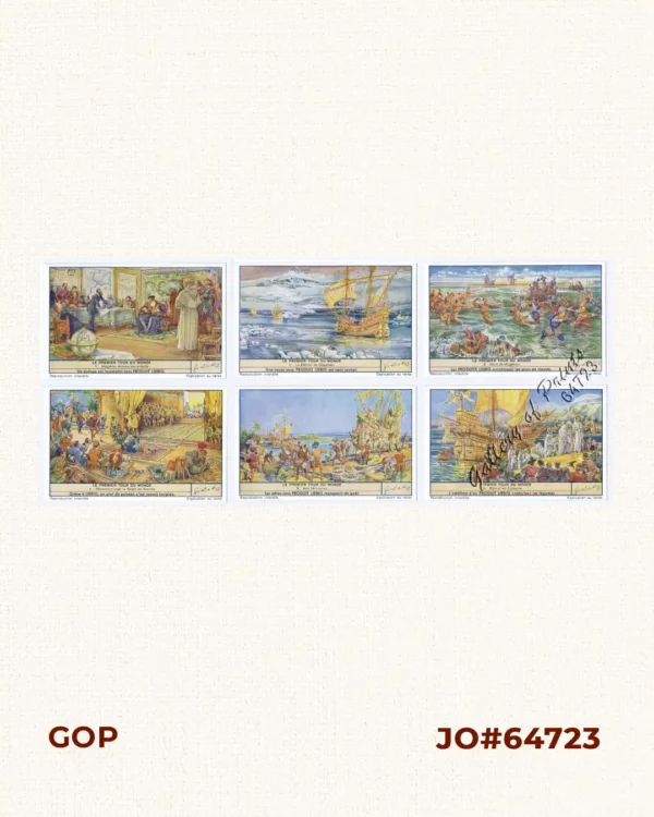 Le Premier Tour du Monde [The First Voyage Around the World]. 1) Magellan expose ses projets [Magellan Reveals his Project]. 2) Le Détroit de Magellan [The Strait of Magellan]. 3) Mort de Magellan [Death of Magellan]. 4) Réception chez le Rajah de Bornéo [Reception at the Rajah of Borneo]. 5) Aux Moluques [To the Moluccas]. 6) Retour en Espagne [Return to Spain]