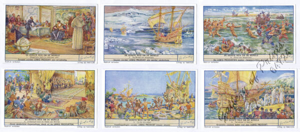 De Eerste Reis om de Wereld [The First Voyage Around the World]. 1) Magellaan legt zijn plannen voor [Magellan Reveals his Project]. 2) De Straat van Magellaan [The Strait of Magellan]. 3) Dood van Magellaan [Death of Magellan]. 4) Ontvangst door de Radja van Borneo [Reception at the Rajah of Borneo]. 5) Op de Molukken [To the Moluccas]. 6) Terugkeer in Spanje [Return to Spain]