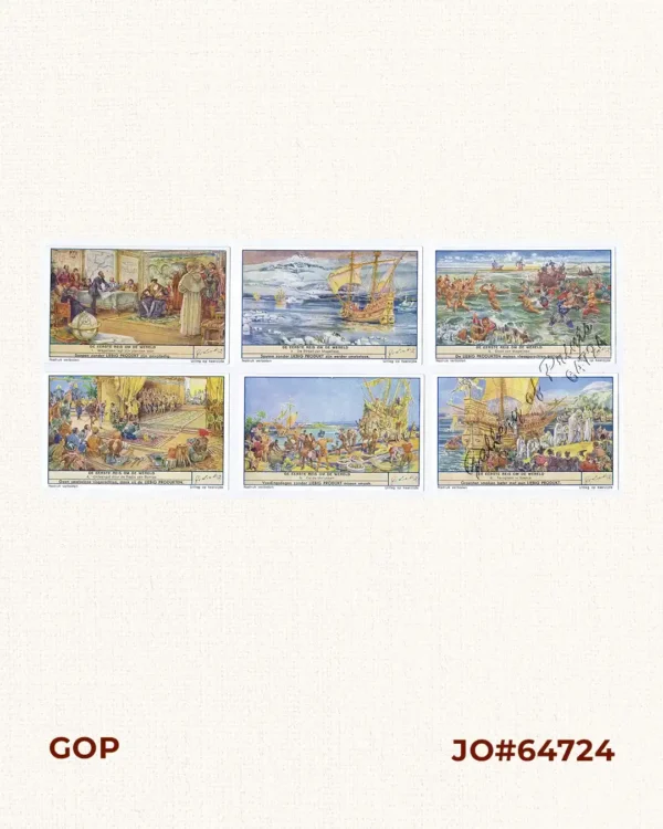 De Eerste Reis om de Wereld [The First Voyage Around the World]. 1) Magellaan legt zijn plannen voor [Magellan Reveals his Project]. 2) De Straat van Magellaan [The Strait of Magellan]. 3) Dood van Magellaan [Death of Magellan]. 4) Ontvangst door de Radja van Borneo [Reception at the Rajah of Borneo]. 5) Op de Molukken [To the Moluccas]. 6) Terugkeer in Spanje [Return to Spain]