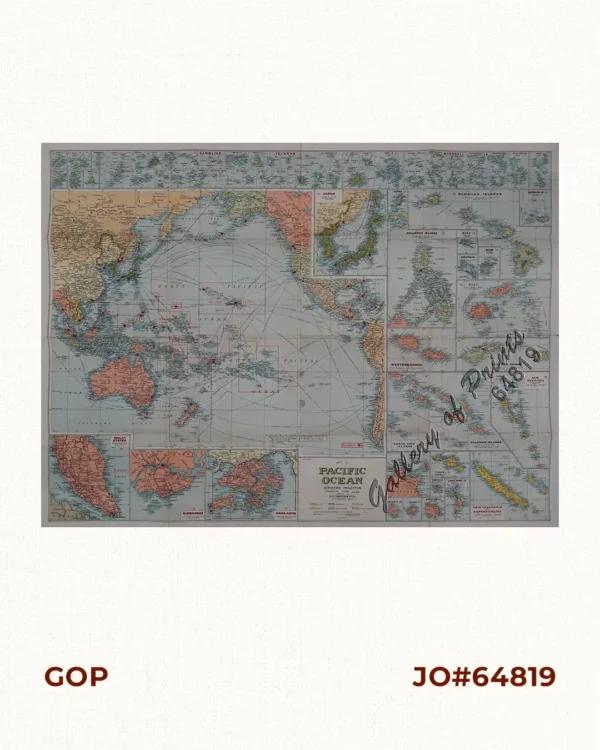 Map of Pacific Ocean  by Robinson H. E. C. Pty. Ltd.  Mercators Projection  insets:  1) Kiska.  2) Attu.  3) Sonsorol Is.  4) Palau Is.   5) Ngulu Is.  6) Yap Is.  7) Ulithi Is.  8) Sorol Is.   9) Eauripik Is.  10) Woleai Is.  11) Ifalik Is.  12) Faraulep Is.   13) Elato & Lamotrek Is.  14) Namonuito Is.  15) Pulap Is.   16) Puluwat Is.  17) Truk Is.  18) Ujelang Atoll.   19) Eniwetok Atoll.  20) Bikini Atoll.  21) Rongelap Atoll.   22) Kwajalein Atoll.  23) Jaluit Atoll.  24) Makin.   25) Paramushiro.  26) Chichi Is.  27) Marcus.  28) Hall Is.   29) Losap Is.  30) Namoluk Is.  31) Nomoi Is.  32) Oroluk Lagoon.   33) Ngatik Is.  34) Pakin Is.  35) Ant Is.  36) Senyavin Is.   37) Mokil Is.  38) Pingelap Is.  39) Kusaie Id.  40) Wotje Atoll.   41) Maloelap Atoll.  42) Arno Atoll.  43) Mili Atoll.  44) Ebon Atoll.   45) Tarawa.  46) Japan.  47) Saipan.  48) Hawaiian Islands.   49) Midway Id.  50) [Bataan / Manila Bay].  51) Philippine Islands.   52) Wake.  53) Guam.  54) Canton Id.  55) Fiji.