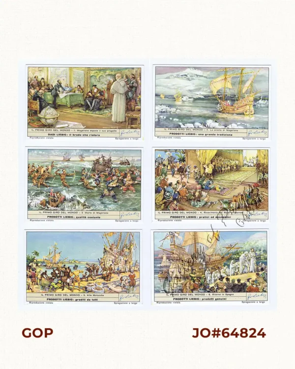 Il Primo Giro del Mondo [The First Around the World] 1) Magellano espone il suo progetto. [Magellan Reveals his Project] 2) Lo stretto di Magellano. [The Strait of Magellan] 3) Morte di Magellano. [Death of Magellan] 4) Ricevimento dal Rajah di Borneo. [Reception by the Rajah of Borneo] 5) Alle Molucche. [To the Moluccas] 6) Ritorno in Spagna. [Return to Spain]