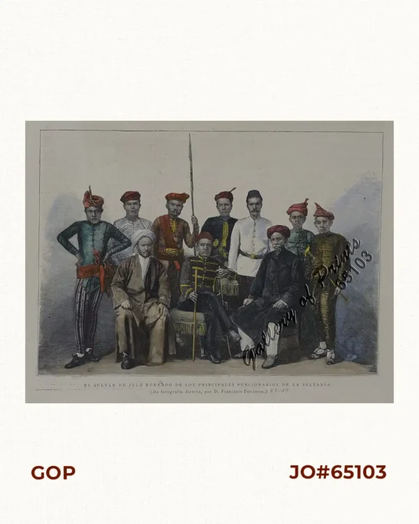 El Sultán de Joló Rodeado de los Principales Funcionarios de la Sultanía. (De fotografia directa, por D. Francisco Pertierra.) [The Sultan of Jolo Surrounded by the Principal Officials of the Sultanate. (From direct photography, by D. Francisco Pertierra.)]