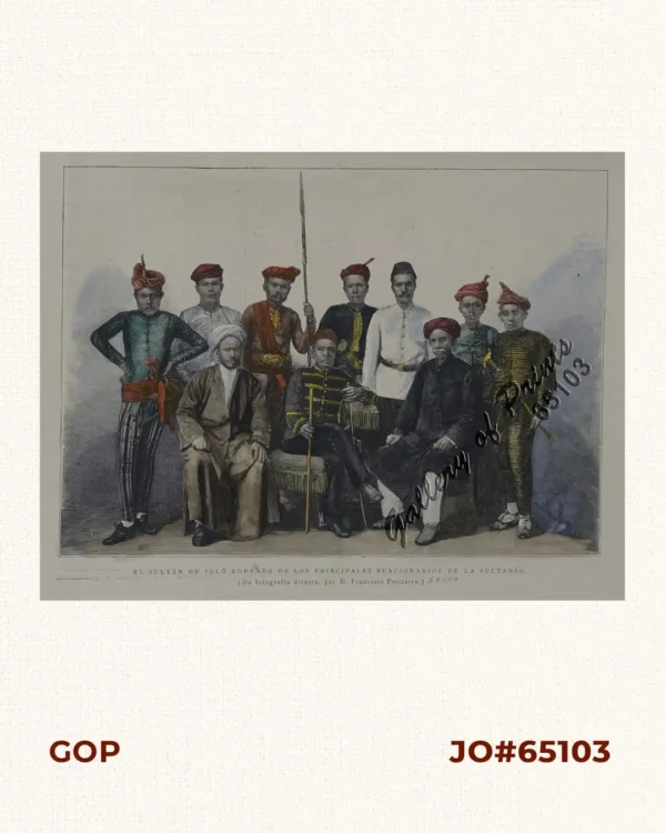 El Sultán de Joló Rodeado de los Principales Funcionarios de la Sultanía. (De fotografia directa, por D. Francisco Pertierra.) [The Sultan of Jolo Surrounded by the Principal Officials of the Sultanate. (From direct photography, by D. Francisco Pertierra.)]