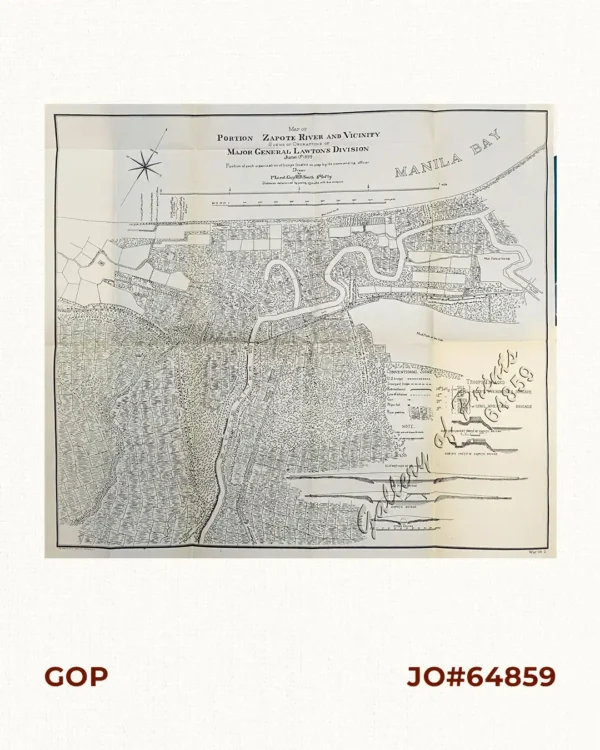 Map of Portion Zapote River and Vicinity. Scene of Operations of Major General Lawton's Division - June 13th 1899 Drawn by 1st Lieut. Guy H.B.Smith 4th Infty. Position of each organization of troops located on map by its commanding officer … Distances determined by pacing, azimuths with box compass