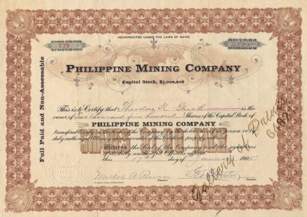 Philippine Mining Company  Capital Stock, $3,000,000  2,500 Shares,  No. 723  [in brown and black colour]