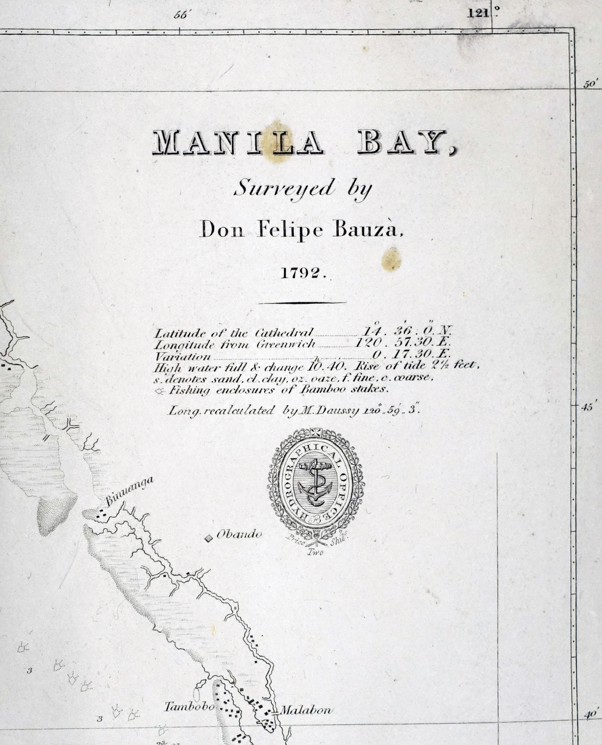 'Manila Bay, Surveyed by Don Felipe BauzĂ . 1792. inset: The City of Manila Communicated to the Hydrographical Office by J. P. Butler Esq.r A. The Plaza, and the Cathedral. - Image 2