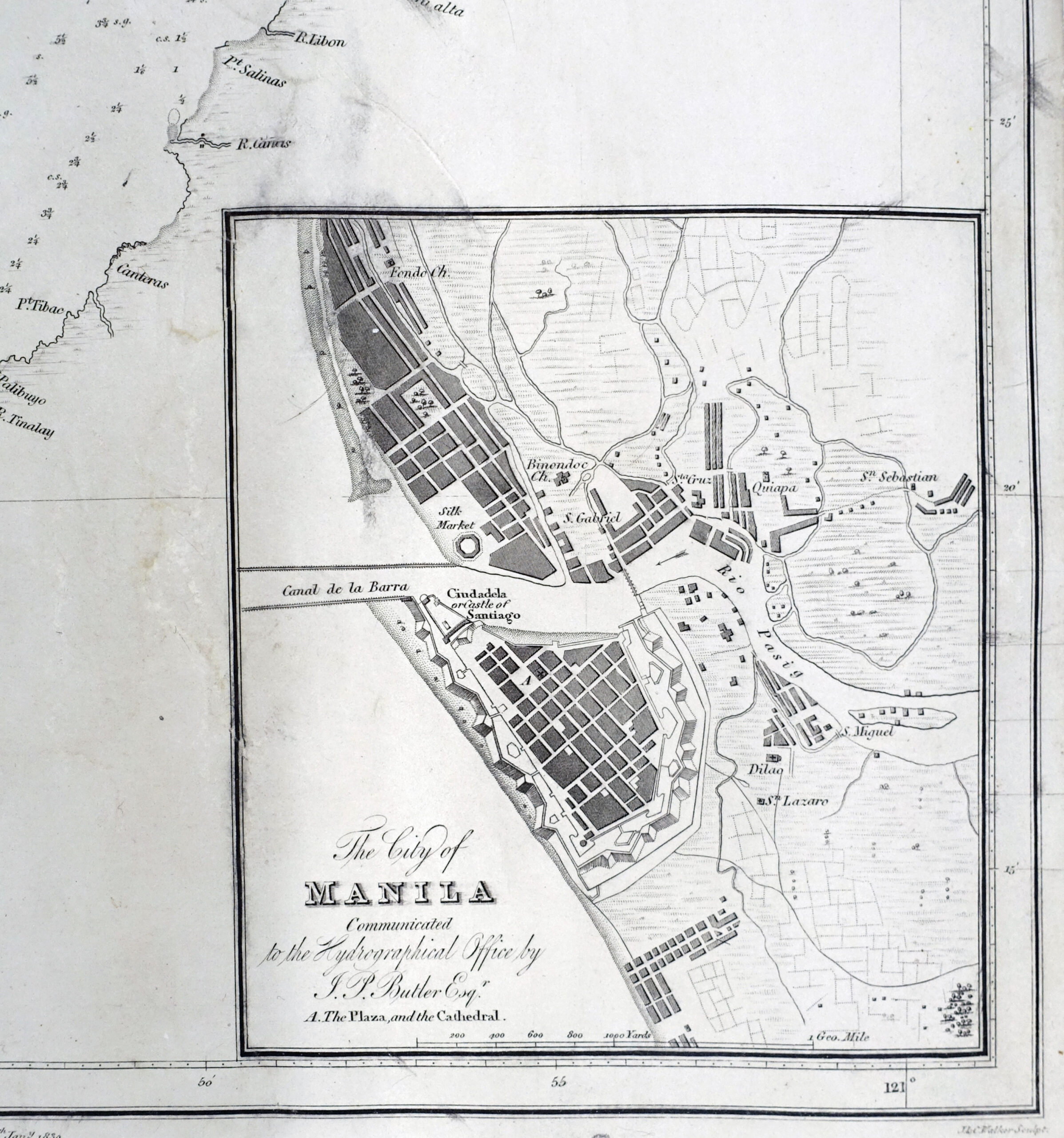'Manila Bay, Surveyed by Don Felipe BauzĂ . 1792. inset: The City of Manila Communicated to the Hydrographical Office by J. P. Butler Esq.r A. The Plaza, and the Cathedral. - Image 3