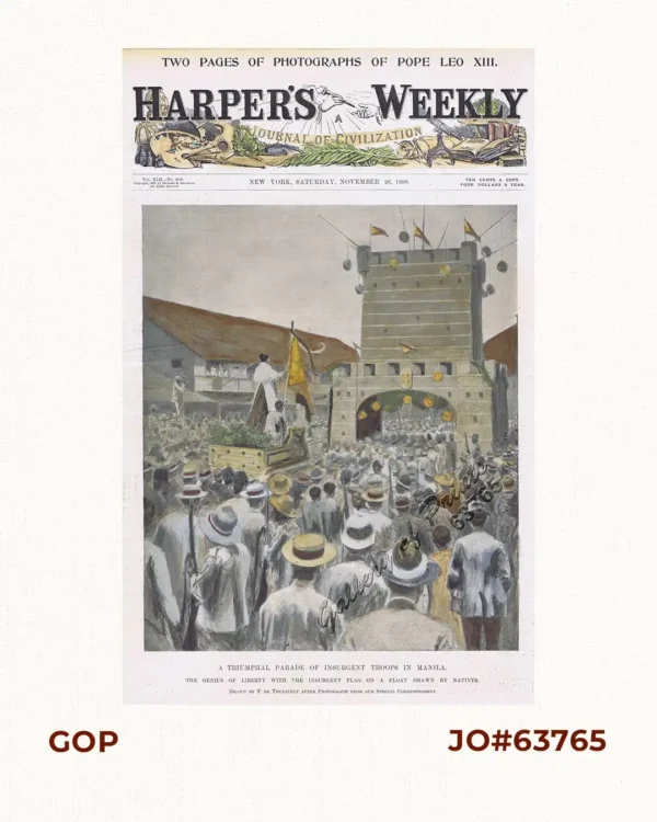 A Triumphal Parade of Insurgent Troops in Manila. The Genius of Liberty with the Insurgent Flag on a Float Drawn by Natives.