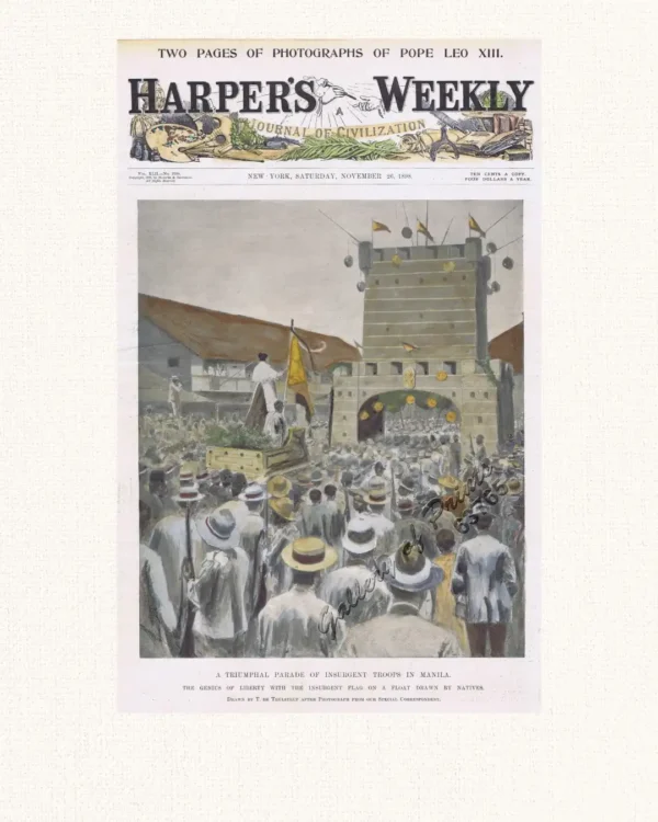 A Triumphal Parade of Insurgent Troops in Manila. The Genius of Liberty with the Insurgent Flag on a Float Drawn by Natives.
