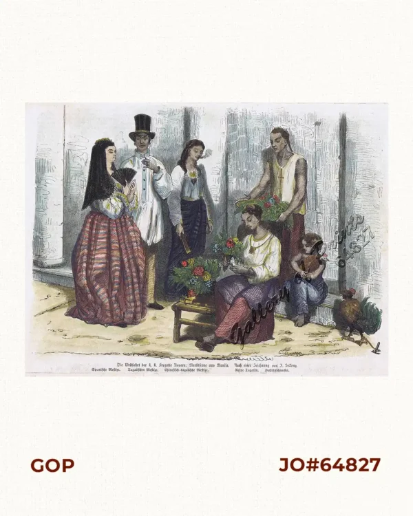 Die Weltfahrt der k. k. Fregatte Novara:  Marktscene aus Manila.  Nach einer Zeichnung von J. Selleny.  [Circumnavigation of the Imperial and Royal Frigate Novara:  Market Scene in Manila.]  After a Drawing by J. Selleny.]  Spanische Mestize [Spanish Mestizo]  Tagalischer Mestize [Tagalog Mestizo]  Chinesisch=tagalische Mestize [Chinese = Tagalog Mestizo]  Reine Tagalin [Pure Tagalog]  Vollblutchinesin [Full-blooded Chinese]