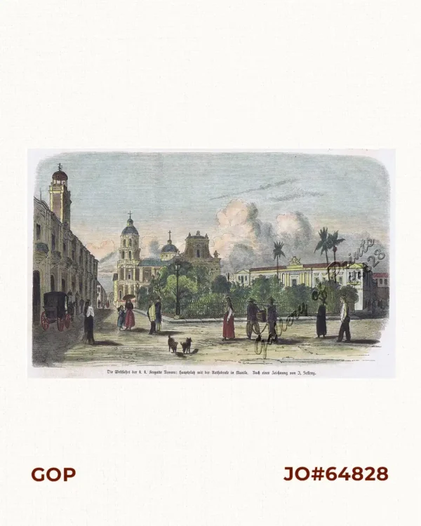Die Weltfahrt der k. k. Fregatte Novara:  Hauptplatz mit der Kathedrale in Manila.  Nach einer Zeichnung von J. Selleny.  [Circumnavigation of the Imperial and Royal Frigate Novara:  Main Square with Manila Cathedral.  After a Drawing by J. Selleny.]