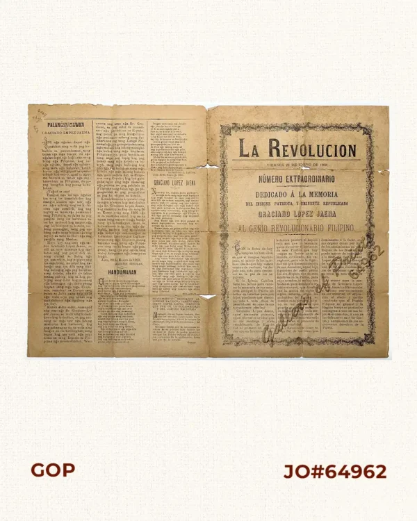 La Revolucion  Viernes 20 de Enero de 1899.  Número Extraordinario  Dedicado á la Memoria del Insigne Patriota y Eminente Republicano