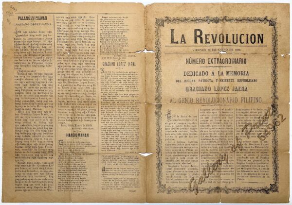 La Revolucion  Viernes 20 de Enero de 1899.  Número Extraordinario  Dedicado á la Memoria del Insigne Patriota y Eminente Republicano