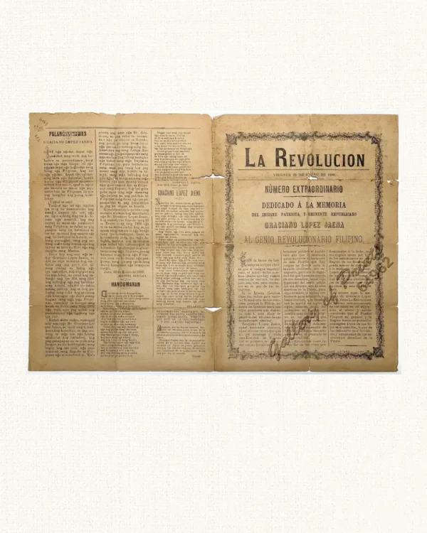 La Revolucion  Viernes 20 de Enero de 1899.  Número Extraordinario  Dedicado á la Memoria del Insigne Patriota y Eminente Republicano