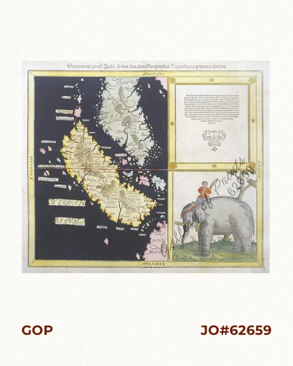Sumatra ein grosse Insel / so von den alten Geographen Taprobana genennt worden. [Sumatra A Large Island Named Taprobana by the Ancient Geographers]