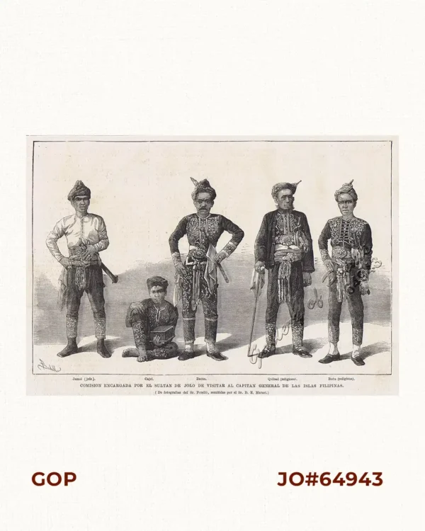 Comision Encargada por el Sultan de Jolo de Visitar al Capitan General de las Islas Filipinas.  1. Jamsi (jefe).  2. Cajel.  3. Datto.  4. Quibad (religioso).  5. Butu (religioso).