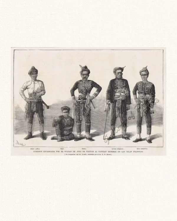 Comision Encargada por el Sultan de Jolo de Visitar al Capitan General de las Islas Filipinas.  1. Jamsi (jefe).  2. Cajel.  3. Datto.  4. Quibad (religioso).  5. Butu (religioso).