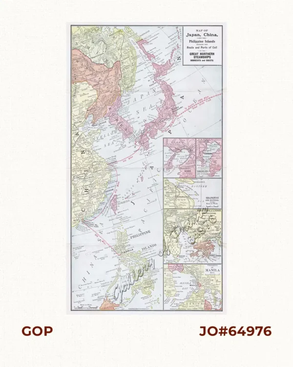 Map of Japan, China, and the Philippine Islands showing the Route and Ports of Call of the Great Northern Steamships Minnesota and Dakota.  [insets: ] 1) Kobe and Environs.  2) Yokohama and Environs.  3) Shanghai and Environs.  4) Hong Kong, Canton and Environs.  5) Vicinity of Manila.