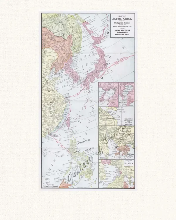 Map of Japan, China, and the Philippine Islands showing the Route and Ports of Call of the Great Northern Steamships Minnesota and Dakota.  [insets: ] 1) Kobe and Environs.  2) Yokohama and Environs.  3) Shanghai and Environs.  4) Hong Kong, Canton and Environs.  5) Vicinity of Manila.