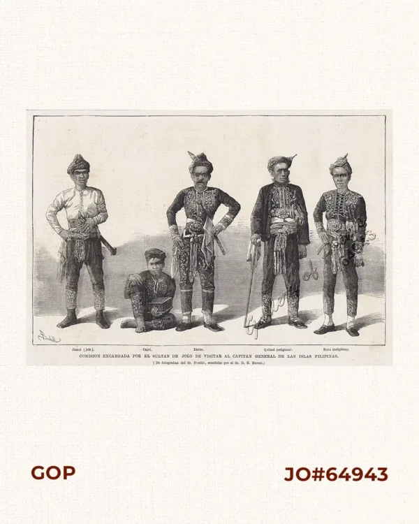 Comision Encargada por el Sultan de Jolo de Visitar al Capitan General de las Islas Filipinas.  1. Jamsi (jefe).  2. Cajel.  3. Datto.  4. Quibad (religioso).  5. Butu (religioso).