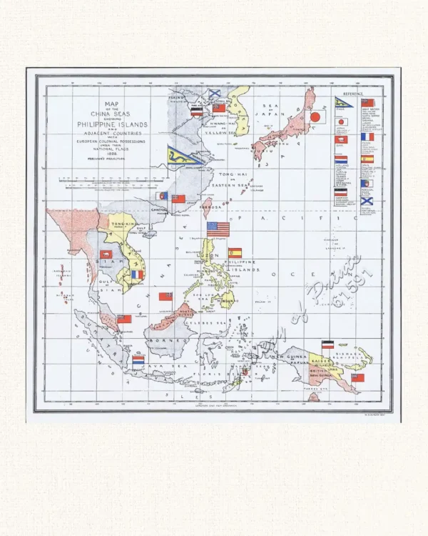 Map of the China Seas showing Philippine Islands and Adjacent Countries with European Colonial Possessions under their National Flags. 1898 Mercator’s Projection