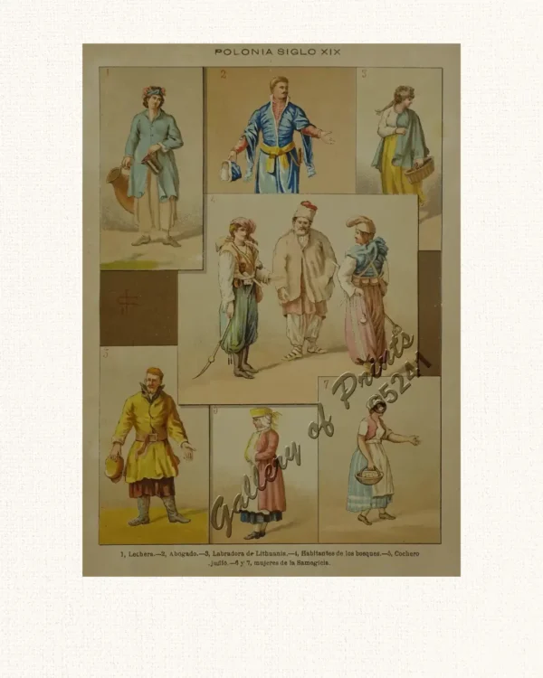 Polonia Siglo XIX [Poland – (19th C.)] 1, Lechera. 2, Abogado. 3, Labradora de Lithuanis. 4, Habitantes de los bosques. 5, Cochero. Judío. 6 y 7, mujeres de la Samogricia.