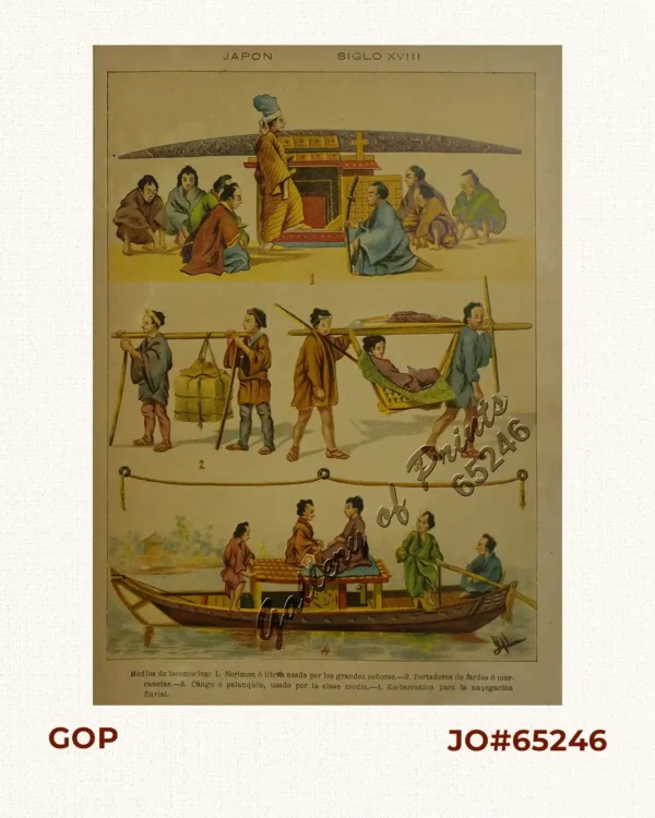 Japon Siglo XVIII [ Japan (18th C.)] Medios de locomocion 1. Norimon ó lite usada por los grandes señores. 2. Portadores de fardos ó mercancías. 3. Cángo ó palanquin, usado por la clase media. 4. Embarcacion para la navegacion fluvial.