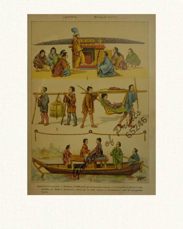 Japon Siglo XVIII [ Japan (18th C.)] Medios de locomocion 1. Norimon ó lite usada por los grandes señores. 2. Portadores de fardos ó mercancías. 3. Cángo ó palanquin, usado por la clase media. 4. Embarcacion para la navegacion fluvial.