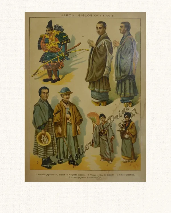 Japon Siglo XVII Y XVIII [ Japan – (17th and 18th C.)] 1. Soldado japonés. 2. Bouzon ó religioso japonés. 3. Trajes civiles, de homore. 4. Señora japonesa. 5. Criada japonesa sirviendo el té.