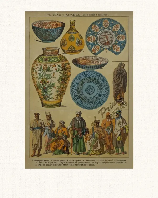 Persas y Arabes (edad media y moderna). [Persians and Arabs (Middle Ages and Modern Age).] 1. Palangana árabe. 2. Frasco persa. 3. Adorno persa. 4. Jarro árabe. 5. Plato árabe. 6. Adorno persa. 7. Traje de mujer árabe. 8 y 9. Hombres del pueblo moro. 10, 11 y 12. Traje de árabe principal. 13. Traje de hombre del pueblo árabe. 14. Traje de príncipe árabe.